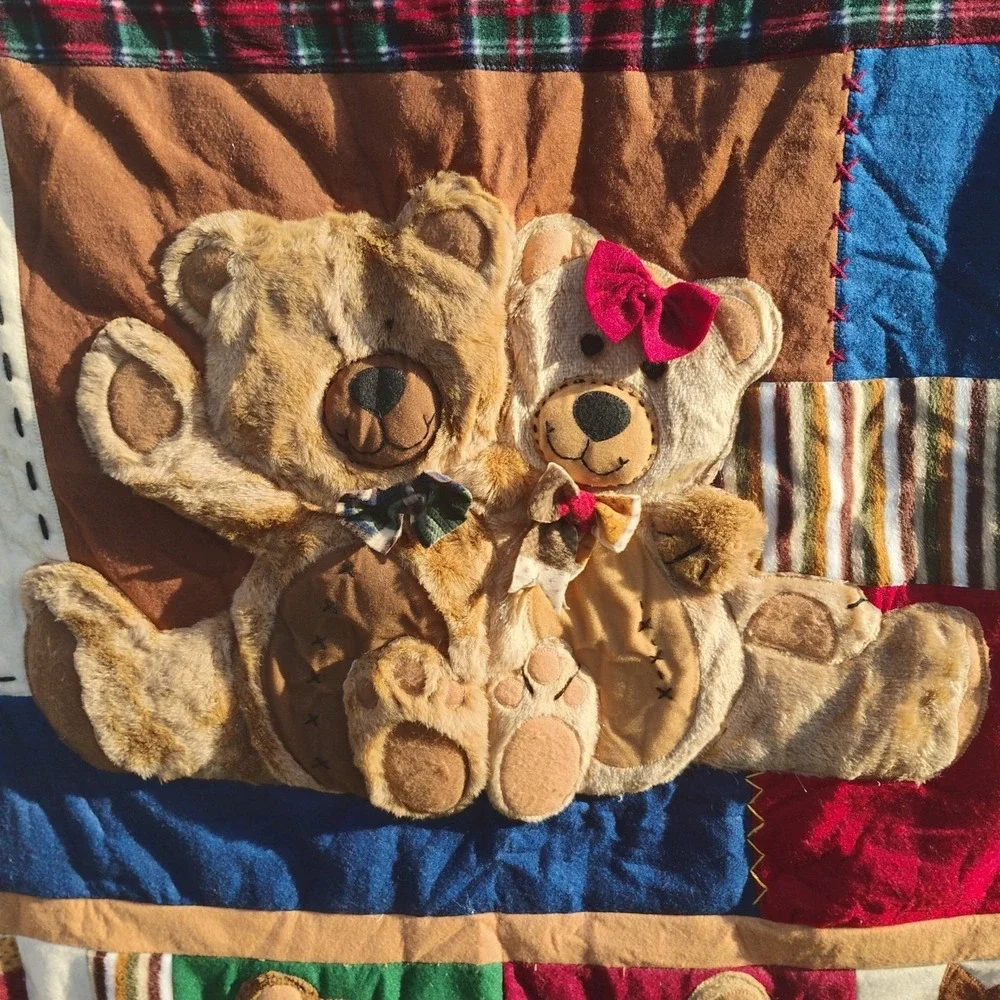 Bear Creations HTF Design3D Plush Quilted Patchwork Teddy Bears Throw Size 49x60